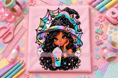 Cute Black Girl Witch PNG with Rainbow Drink and Ghosts Product Image 2