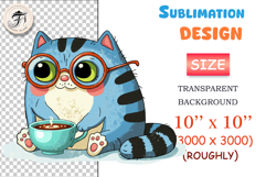 Cute blue cat in glasses holding a cup of coffee, cozy watercolor sublimation clipart for mugs, t-shirts, stickers, scrapbooking, and greeting cards. Perfect for coffee lovers and cat-themed designs.