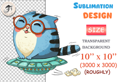 Cute blue cat in glasses riding a UFO, whimsical watercolor sublimation clipart for mugs, t-shirts, stickers, scrapbooking, and greeting cards. Perfect for cat lovers and fun space-themed designs.