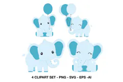 Four cute blue elephant clipart illustrations in standing and sitting poses with balloons