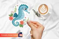 Cute Blue Sea Horse Flowers Sticker, Floral Seahorse Decal Product Image 1