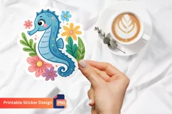 Cute Blue Sea Horse Flowers Sticker, Floral Seahorse Decal Product Image 1