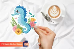 Cute Blue Sea Horse Flowers Sticker, Floral Seahorse Decal Product Image 1