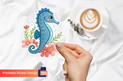 Cute Blue Sea Horse Flowers Sticker, Floral Seahorse Decal Product Image 1