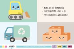 Kawaii bulldozer, recycling truck, and bricks in pastel colors, perfect for children’s creative projects.