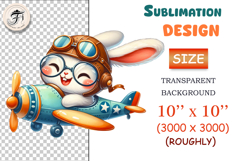 Cute cartoon bunny pilot flying a vintage airplane, watercolor sublimation clipart for kids, nursery decor, stickers, t-shirts, and greeting cards.