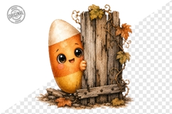 Cute Candy Corn Behind Rustic Fence Watercolor PNG Product Image 1