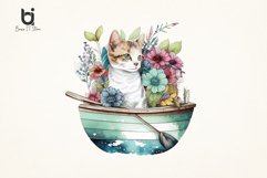 Cute Cat in Boat Floral Boho Watercolor Sublimation Design Product Image 4