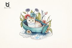 Cute Cat in Boat Floral Boho Watercolor Sublimation Design Product Image 9