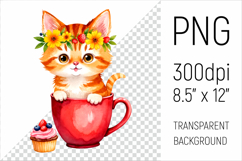 Cute Cat in Red Mug Sublimation PNG. Great for Cat mom gifts, childrens room decor, birthday presents, or pet-themed creations.