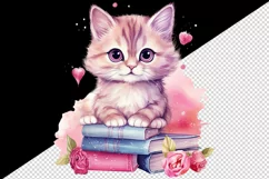 Cute cat kitty kitten books pink sparkle flowers reading back to school 20oz tumbler skinny mug wrap clipart t-shirt sublimation printable design