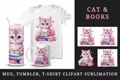 Cute cat kitty kitten books pink sparkle flowers reading back to school 20oz tumbler skinny mug wrap clipart t-shirt sublimation printable design