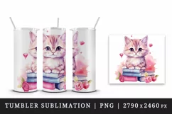 Cute cat kitty kitten books pink sparkle flowers reading back to school 20oz tumbler skinny mug wrap clipart t-shirt sublimation printable design