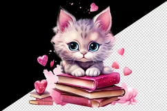 Cute cat kitty kitten pink books sparkle hearts reading back to school 20oz tumbler skinny mug wrap clipart t-shirt sublimation printable design