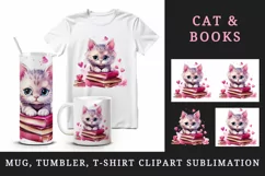 Cute cat kitty kitten pink books sparkle hearts reading back to school 20oz tumbler skinny mug wrap clipart t-shirt sublimation printable design