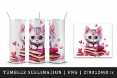Cute cat kitty kitten pink books sparkle hearts reading back to school 20oz tumbler skinny mug wrap clipart t-shirt sublimation printable design