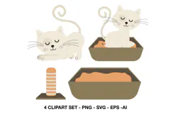 Cute cat clipart with litter box scratching post and stretching kitty