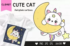Cute cat cartoon on moon kawaii clipart fairytale kitten Product Image 1