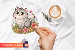 Cute Cat Sticker, Printable Fluffy Kitty Flowers Sticker Product Image 1