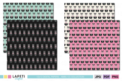Set of pastel witch cauldron digital papers in pink, mint, cream, and black, ideal for Halloween scrapbooking, card making, and printables.