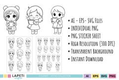 Winter chibi boy and girls in scarves and sweaters, cozy outline art for coloring.