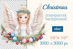 Watercolor sublimation clipart Christmas angel on Christmas tree background and Christmas tree balls. Vintage illustration
