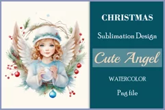 Watercolor sublimation clipart Christmas angel on Christmas tree background and Christmas tree balls. Vintage illustration
