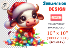 Cute baby Christmas cow PNG with Santa hat and lights. Perfect for kids holiday crafts, stickers, cards, POD designs, nursery prints and winter projects.