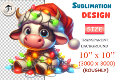 Cute baby Christmas cow PNG with Santa hat and lights. Perfect for kids holiday crafts, stickers, cards, POD designs, nursery prints and winter projects.