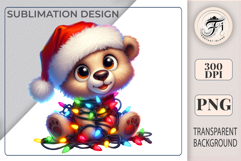 Adorable cartoon Christmas bear clipart with Santa hat and lights. Perfect for cards, mugs, stickers, and festive winter designs.