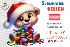 Adorable cartoon Christmas bear clipart with Santa hat and lights. Perfect for cards, mugs, stickers, and festive winter designs.