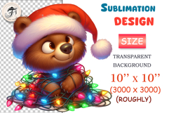 Adorable cartoon Christmas bear clipart with Santa hat and lights. Perfect for cards, mugs, stickers, and festive winter designs.