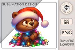 Adorable cartoon Christmas bear clipart with Santa hat and lights. Perfect for cards, mugs, stickers, and festive winter designs.