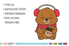 Cute Christmas bear holding acorn wearing scarf and earmuffs, perfect winter woodland animal PNG