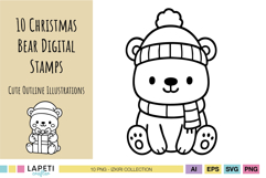 Cute Christmas bear outline illustrations for coloring and crafts.