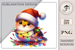 Adorable Christmas bird PNG with Santa hat and lights. Perfect for cards, stickers, kids holiday prints and cozy winter designs.