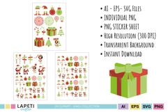 Christmas clipart bundle with individual PNGs, SVGs, and sticker sheets featuring Santa, elves, gifts, and candy canes.