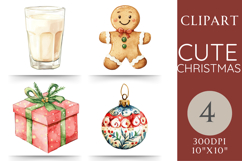 Watercolor Christmas clipart set with a glass of milk, gingerbread man cookie, festive gift box with ribbon, and decorative Christmas bauble. 4 high-resolution PNGs with transparent background, perfect for holiday crafts and designs.