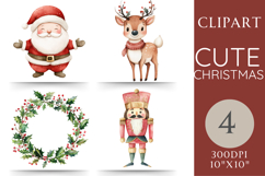 Watercolor Christmas clipart pack featuring Santa Claus, a reindeer in a scarf, a holly wreath, and a nutcracker toy soldier. Includes 4 high-resolution PNGs with transparent background for holiday crafts, cards, and sublimation.
