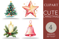 Watercolor Christmas clipart set featuring a decorated Christmas tree, golden star, festive candle with holly, and red Christmas bell. 4 high-resolution PNG images with transparent background, perfect for holiday crafts and designs.