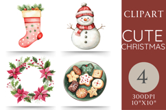 Watercolor Christmas clipart set featuring a snowman, stocking, poinsettia wreath, and a plate of cookies. Includes 4 high-resolution PNGs with transparent background for holiday crafts, cards, and sublimation.