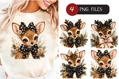 Cute Christmas Deer Clipart, Baby Deer with Coquette Bow PNG Product Image 1