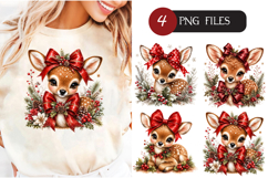Cute Christmas Deer Clipart, Baby Deer with Coquette Bow PNG Product Image 1