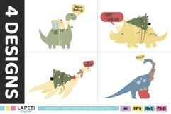 Holiday dinosaur clipart with Christmas scarf and gift sack.