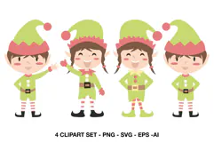 Four cute Christmas elf characters wearing green and coral festive outfits