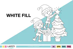 Black and white Christmas elf clipart with cookies, gifts and festive scenes.