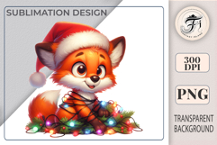 Cute Christmas fox PNG in Santa hat with lights. High-quality kawaii holiday clipart for cards, stickers, gifts, planners &amp; more.