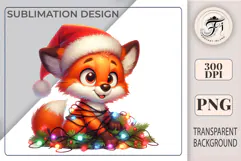 Cute Christmas fox PNG in Santa hat with lights. High-quality kawaii holiday clipart for cards, stickers, gifts, planners & more.