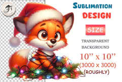 Cute Christmas fox PNG in Santa hat with lights. High-quality kawaii holiday clipart for cards, stickers, gifts, planners & more.