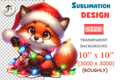 Cute Christmas fox PNG in Santa hat with lights. High-quality kawaii holiday clipart for cards, stickers, gifts, planners &amp; more.